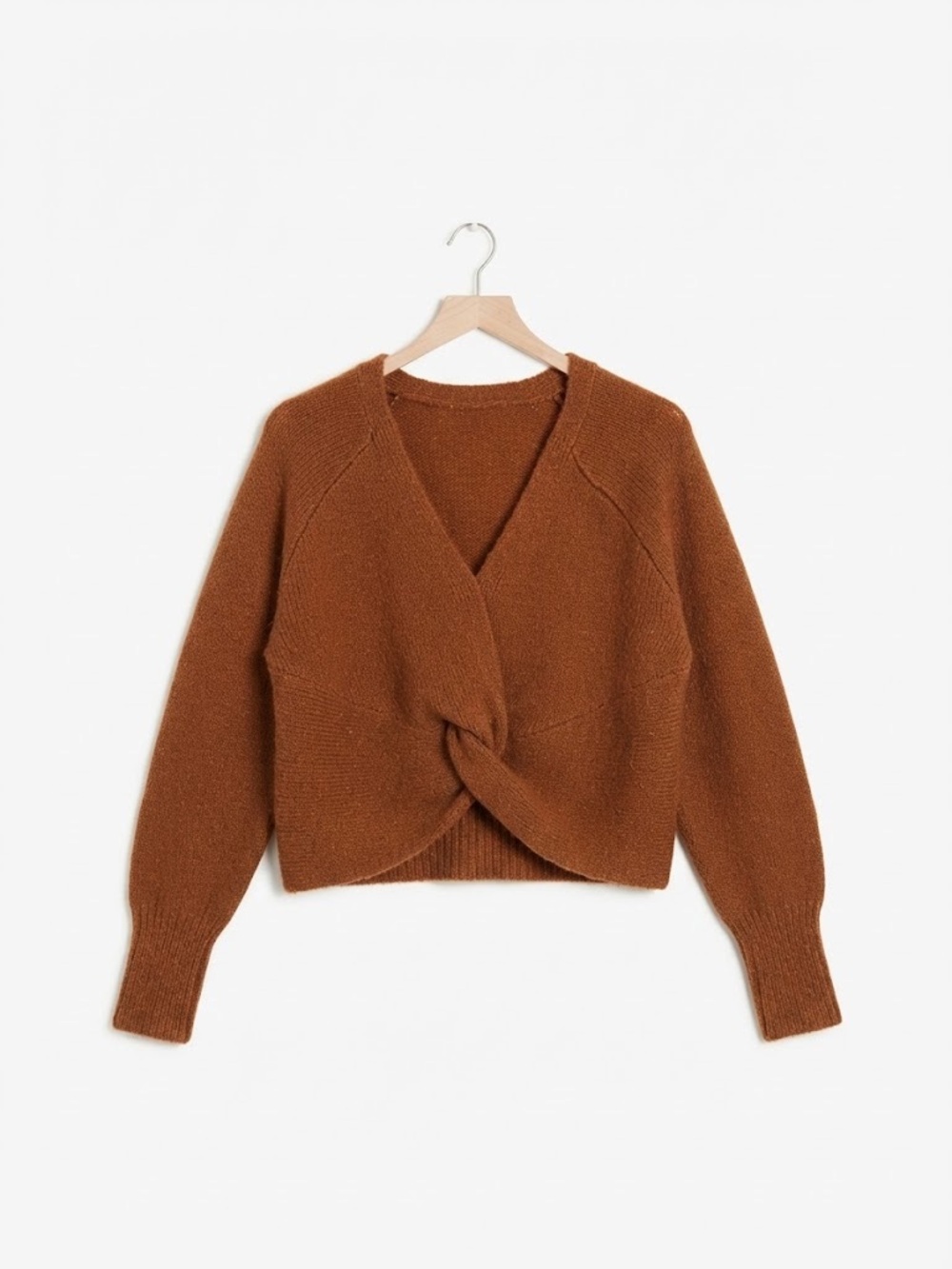Express Brown Twist-Front Knit Long Sleeve Crop Sweater Top Size L